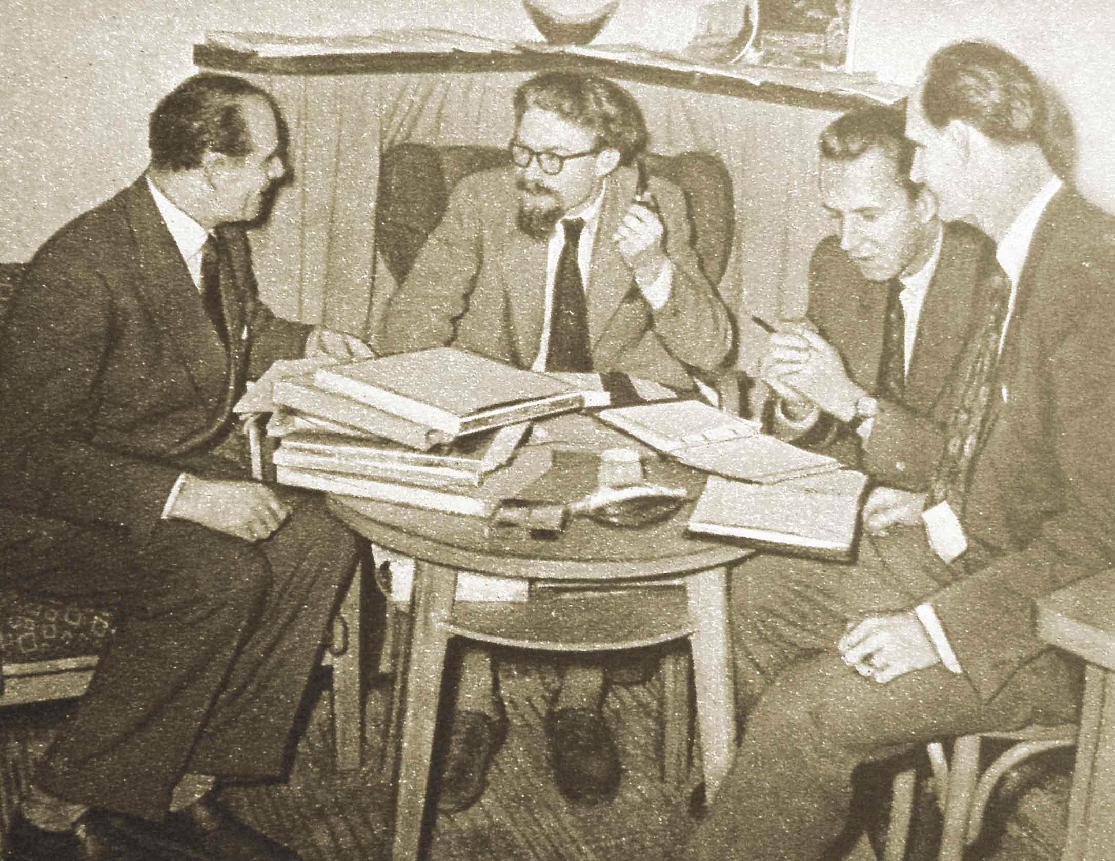 Ředitel londýnského nakladatelství Hamlyn Keith Vaughan v Artii. Vlevo ředitel Artie Matěj Šenar, vpravo redaktoři Vlastimil Šebek a J. Buriánek, 1956